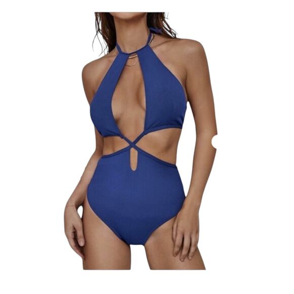 MONOBIKINI SWIMSUIT SZ S Women’s Sexy Criss Cross Ribbed Cut Out Blue - Picture 8 of 8